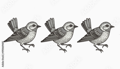 Three birds in flight illustrated in black and white.