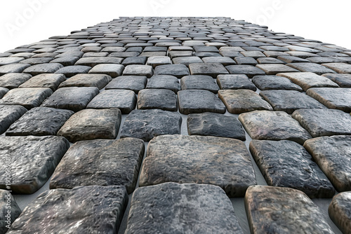 Side angle cobblestone road texture isolated on white
