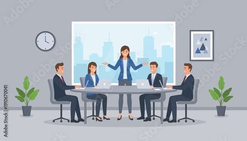 Business meeting with colleagues discussing corporate strategy in a modern office.