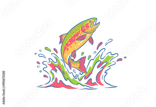 Colorful trout jumping out of water design. Fishing club artwork for t shirt print. Sport fishing illustration concept. Outdoor adventure river hobby