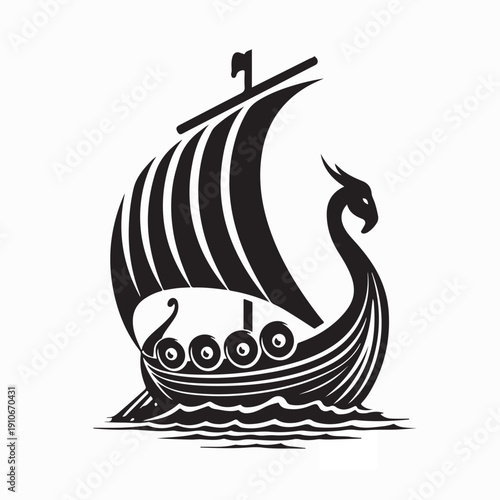 Drakkar Viking ship. Medieval military boat with sails and shields