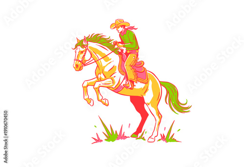 Cowboy on rearing horse graphic design. Western rodeo sport artwork for apparel. Vintage wild west illustration. Wild bronco riding graphic print. Ame