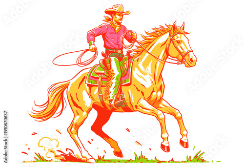 Cowboy on running horse artwork. Western vintage rodeo design. Pop art graphic print for apparel. Wild west horse riding illustration. American cowboy