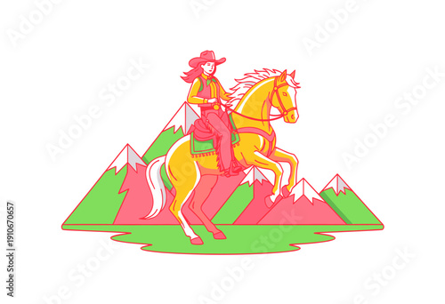 Cowgirl riding horse vector illustration. Western rodeo concept artwork. Outdoor adventure t shirt design. Wild West graphic print design. Mountain la