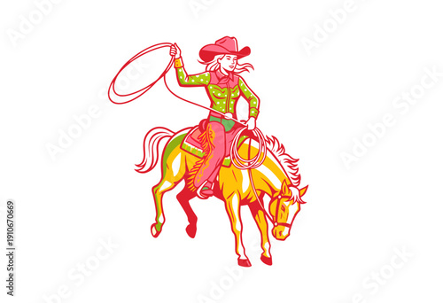 Cowgirl rider vector artwork design. Rodeo girl illustration for t-shirt print. Western culture graphic design element. Woman riding horse with lasso
