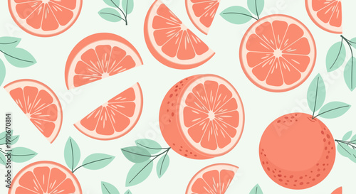 Seamless pattern with fresh grapefruit slices and leaves on a light background