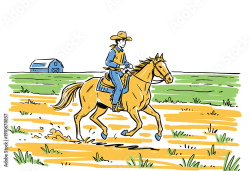 Cowboy riding horse illustration design. Wild west ranch artwork for apparel. Western rodeo design graphic print. Horse racing sketch artwork. Country
