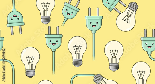 Cute electrical plugs and light bulbs seamless pattern