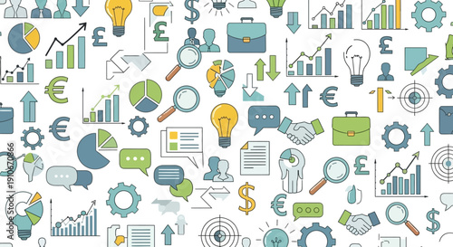 Seamless pattern of business and finance icons illustrating growth, ideas, and communication