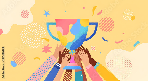 Diverse Hands Lifting Colorful Trophy Cup Together - Teamwork, Success, and Inclusion Concept Illustration