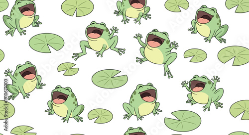 Seamless pattern with happy cartoon frogs and lily pads on white background