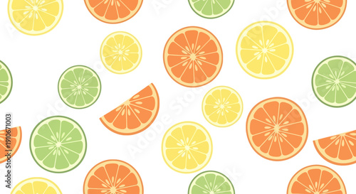 Vibrant citrus fruit seamless pattern with lemons, limes, and oranges on white.