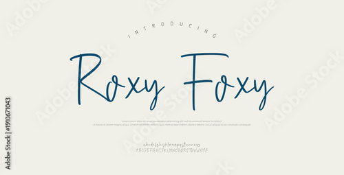 Roxy Foxy, Elegant script alphabet letters font and number. Classic Lettering Minimal Fashion Designs. Typography modern serif fonts regular decorative vintage concept. vector illustration
