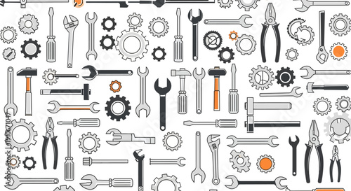 Seamless pattern of various hand tools and mechanical gears.