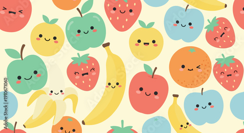Seamless pattern with cute and happy cartoon fruit characters.