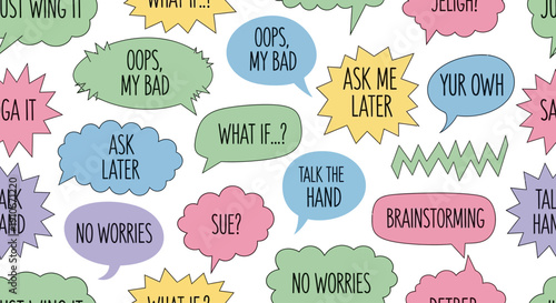Seamless pattern of colorful speech bubbles with casual and witty phrases on white background.