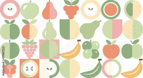 Vibrant geometric fruit pattern with apples, pears, and bananas in a flat design style.