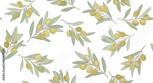 Seamless pattern with hand-drawn olive branches and green olives on white background.