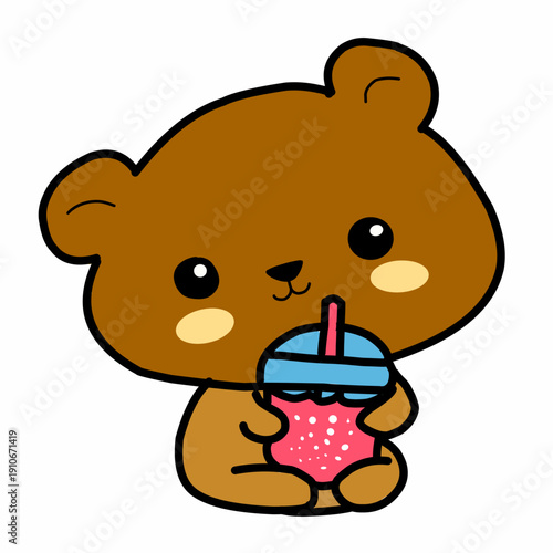 Cute cartoon bear drinking sweet beverage, featuring adorable kawaii animal character illustration, colorful chibi style, minimal design, and charming mascot artwork.
