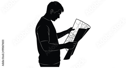 A young man is depicted in profile intently reading a newspaper against a plain white background silhouette high quality professional detailed