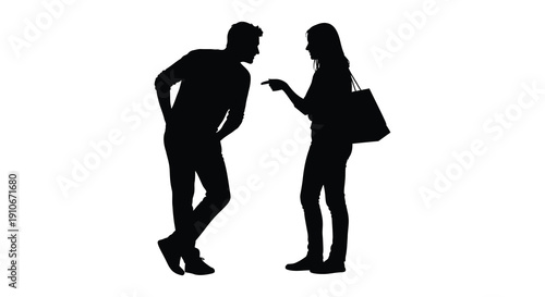 A couple is depicted in a dynamic conversation the man leaning casually while the woman gestures emphatically a stark silhouette
