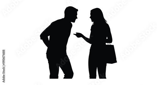 A couple engages in an intimate conversation the man gesturing while the woman holds a bag captured as a silhouette