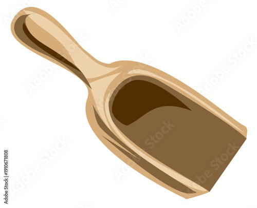 Wooden scoop isolated on white background. Rustic kitchen utensil for spices, grains or flour. Cooking and food preparation concept.