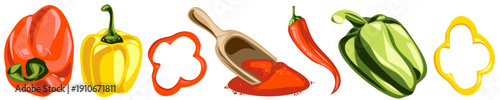 Colorful bell peppers, chili pepper and paprika powder with wooden scoop. Fresh vegetable and spice clipart set isolated for cooking and food design.