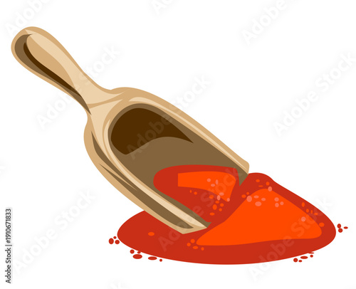 Paprika powder with wooden scoop isolated on white background. Ground red spice for cooking, seasoning and food packaging design.
