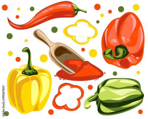 Bright composition with bell peppers, chili and paprika powder. Fresh vegetable illustration for food packaging, menu design and culinary branding.
