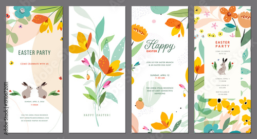 Easter 4x9 templates in vibrant peach, yellow and green colors. Greeting cards with decorative flowers, Easter bunnies, floral frames and backgrounds. For Birthday, Wedding and Baby invitations.