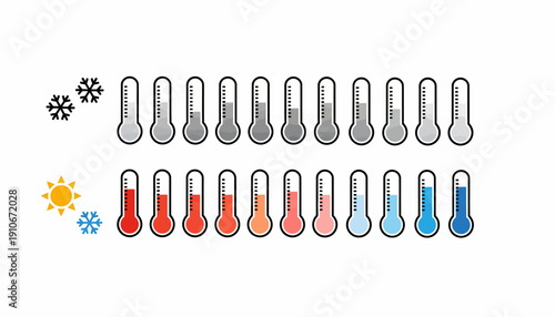 Temperature variation illustration with thermometers and weather symbols.