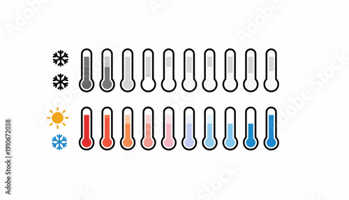 Thermometer temperature range illustration with weather symbols.