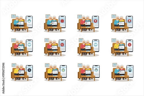 Elderly couple using digital devices and health monitoring technology at home together happily