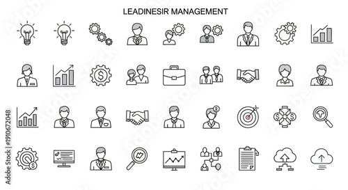 A collection of line icons representing various aspects of leadership and management, including teamwork, strategy, growth, and analysis.