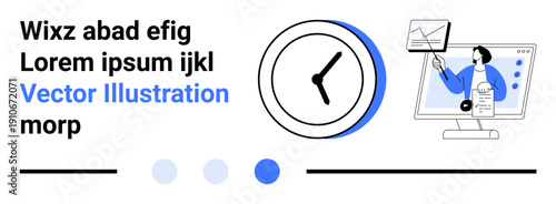 Clock alongside a businesswoman working on a computer analyzing charts and data. Ideal for productivity, time tracking, team collaboration, analytics, project management, organization, simple landing