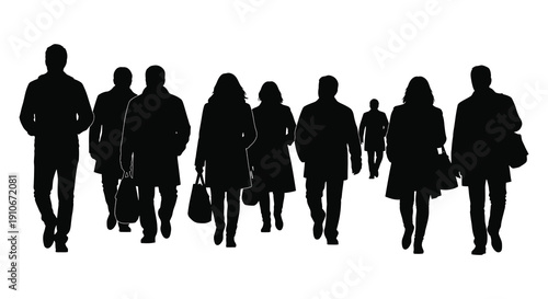 A group of people are walking together in a line represented as a striking black silhouette high quality professional detailed modern
