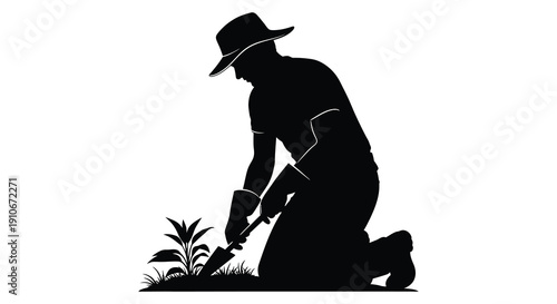 A striking black silhouette depicts a gardener tending to small plants with a trowel showcasing a peaceful scene silhouette high quality