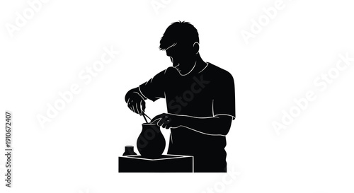 A striking black silhouette depicts a man intently working at a pottery wheel shaping clay with focused skill silhouette high quality