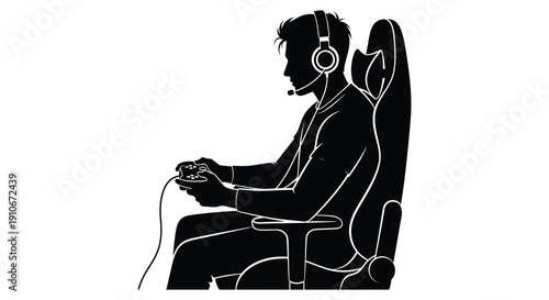 A focused gamer sits in a racing style chair intensely playing with a controller depicted as a silhouette high quality professional