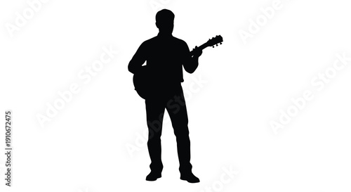 A full body shot depicts a musician playing an acoustic guitar captured as a striking black silhouette high quality professional detailed