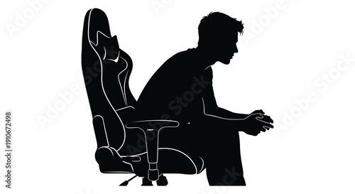 A modern illustration depicts a gamer seated in a racing style chair focused on gameplay in silhouette high quality professional detailed elegant