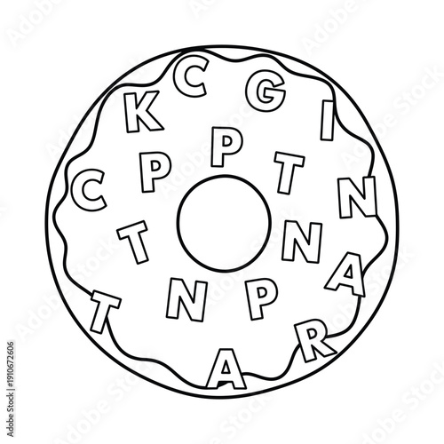 A simple line drawing of a donut with letters on it