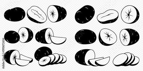 Set of black and white potato illustrations, whole, half, and sliced, perfect for culinary designs.