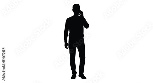 A stark black silhouette of a man standing and talking on a mobile phone isolated on white background silhouette high quality
