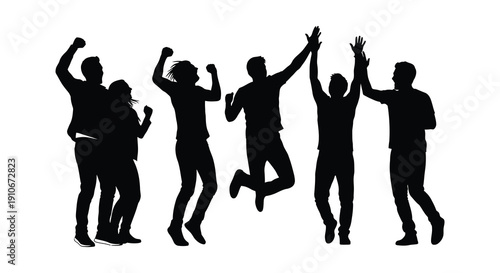 A group of people joyfully jumping and celebrating together arms raised in elated motion a silhouette high quality professional detailed