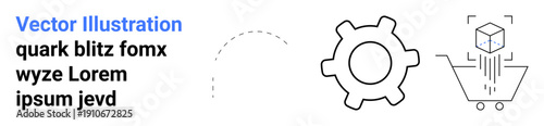 E-commerce, digital transactions, technology, process automation, business workflow, engineering. Gear symbol and shopping cart with cube graphic. E-commerce and technology theme