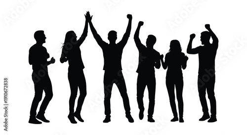 A group of six people celebrate with raised arms displaying joy and unity as a dark silhouette high quality professional detailed