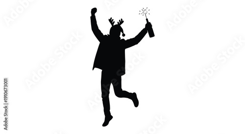 A joyful figure leaps in the air holding a sparkling object and wearing reindeer antlers a celebratory silhouette high quality professional