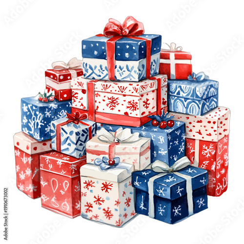 Watercolor illustration of a pile of red and blue Christmas gift boxes with snowflake patterns and bows